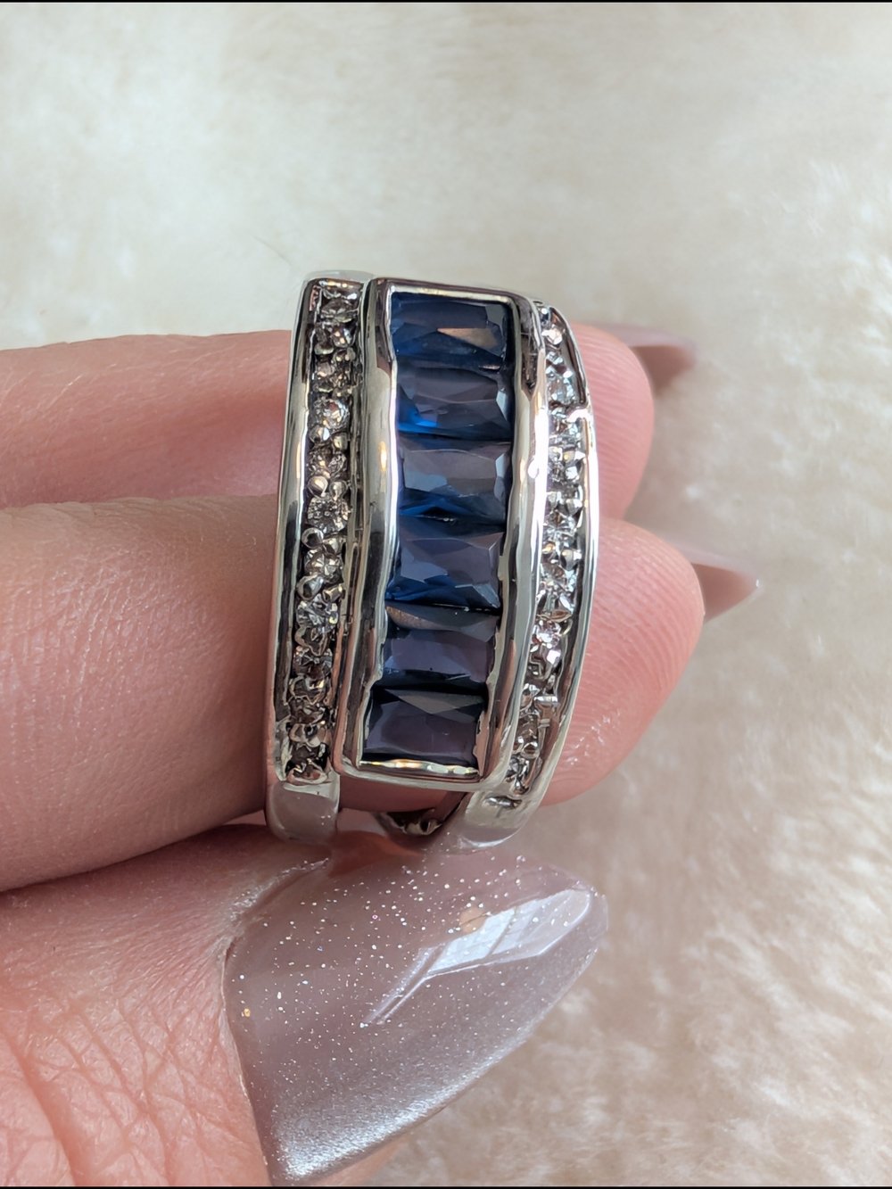 10K White Gold Blue Sapphire Style Diamond Accent Channel Ring 7g